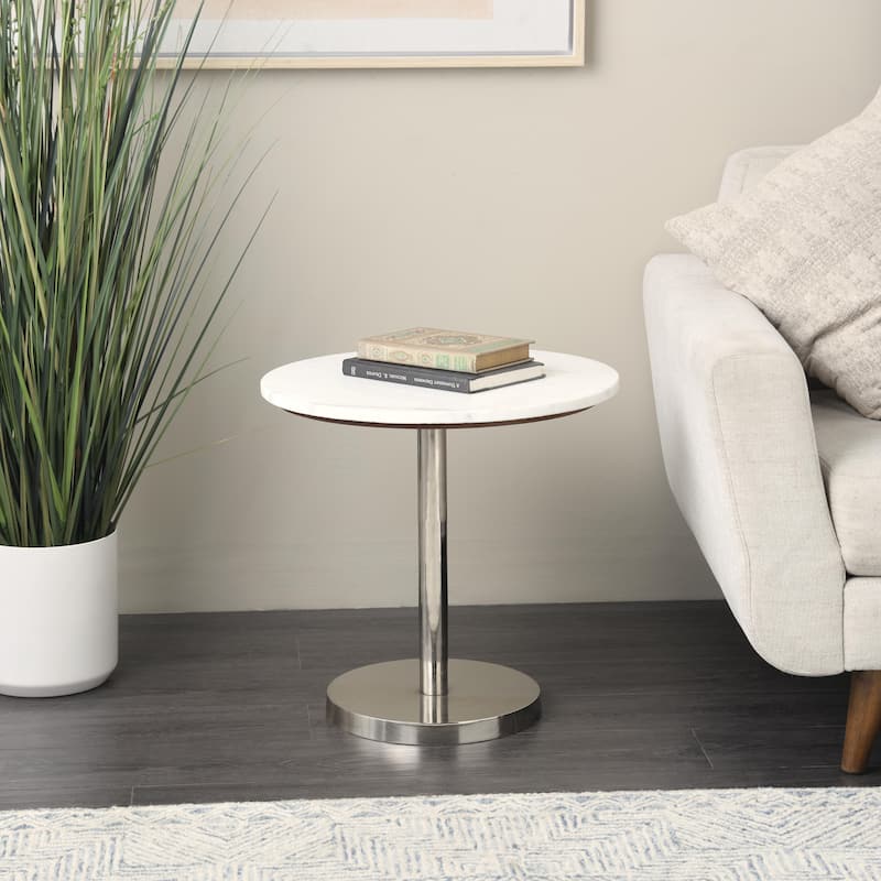 Metal Geometric Pedestal Side End Accent Table with White Marble Tabletop - Silver or Gold- Roche River Decor