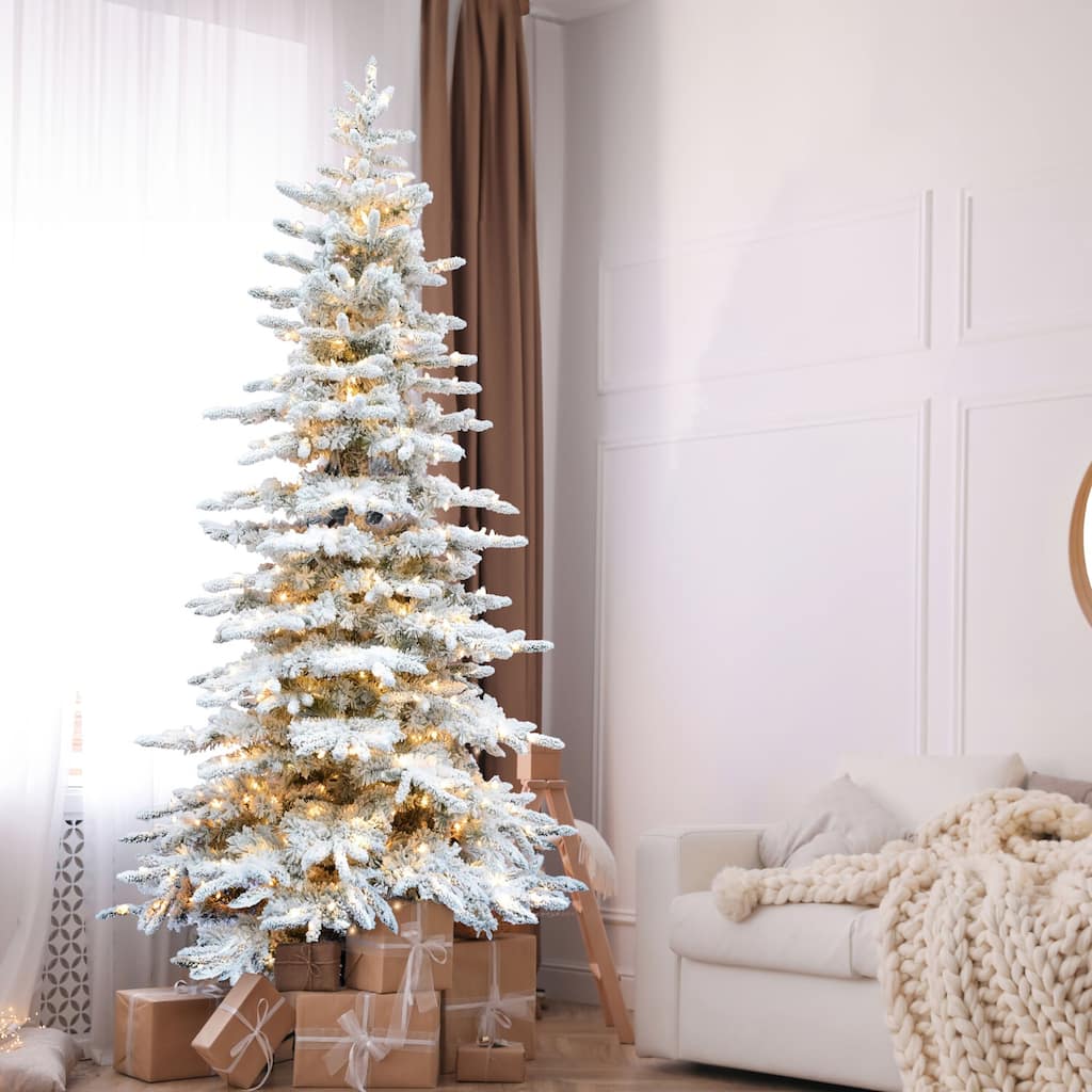 Fraser Hill Farm 9-Ft. Flocked Pine Valley Christmas Tree with Multi-Color LED String Lighting