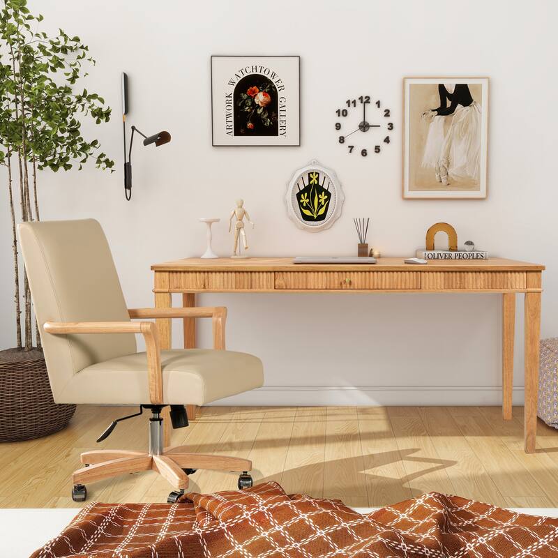 Dumont 63" Fluted 1-Drawer Solid Wood Home Office Desk and Chair Set