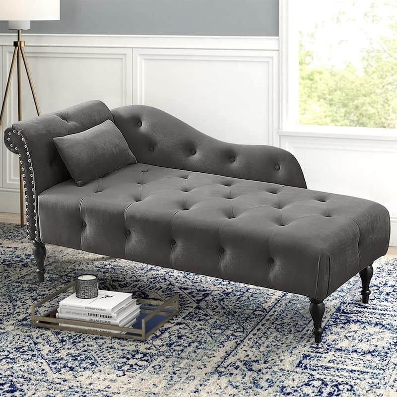 60"W Velvet Chaise Lounge, Tufted with Pillow & Nailhead Decorate - 60.6W" x 27.5D" x 28.3"H