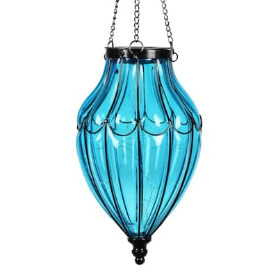 Exhart Solar Glass Hanging Lantern with Waving Metal Pattern, 7.5 by 25 Inches