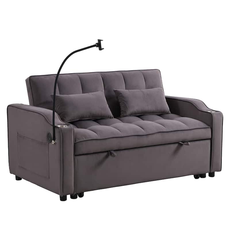 Charcoal Grey Modern Velvet 3 in 1 Convertible Sleeper Loveseat Futon Sofa with Adjustable Reclining Backrest and Toss Pillows