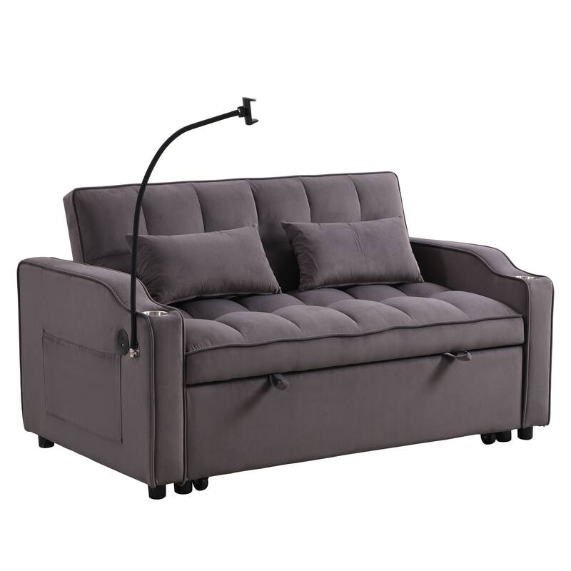Convertible Sofa Bed with Holders, Velvet Loveseat with Reclining Backrest, Small Sofa with Toss Pillows and Pockets