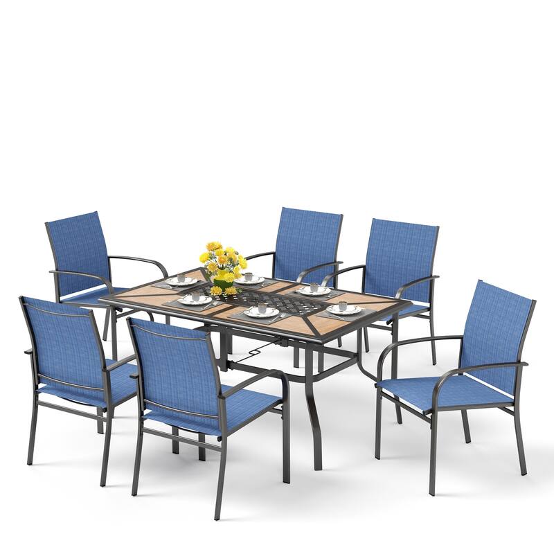 MAISON ARTS Patio Dining Set 7-Piece Metal Wood-look Geometric Rectangle Table and 6 Textilene Chairs