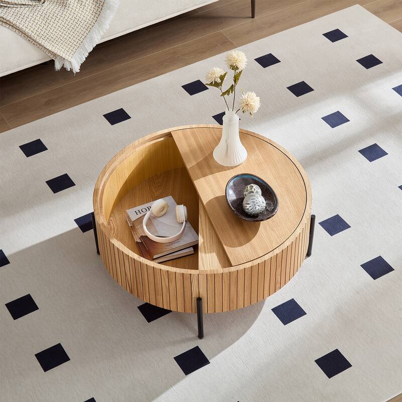 Round Coffee Table Accent Table Tea Table with Storage, Natural Center Table Rustic Sofa Table Side Table