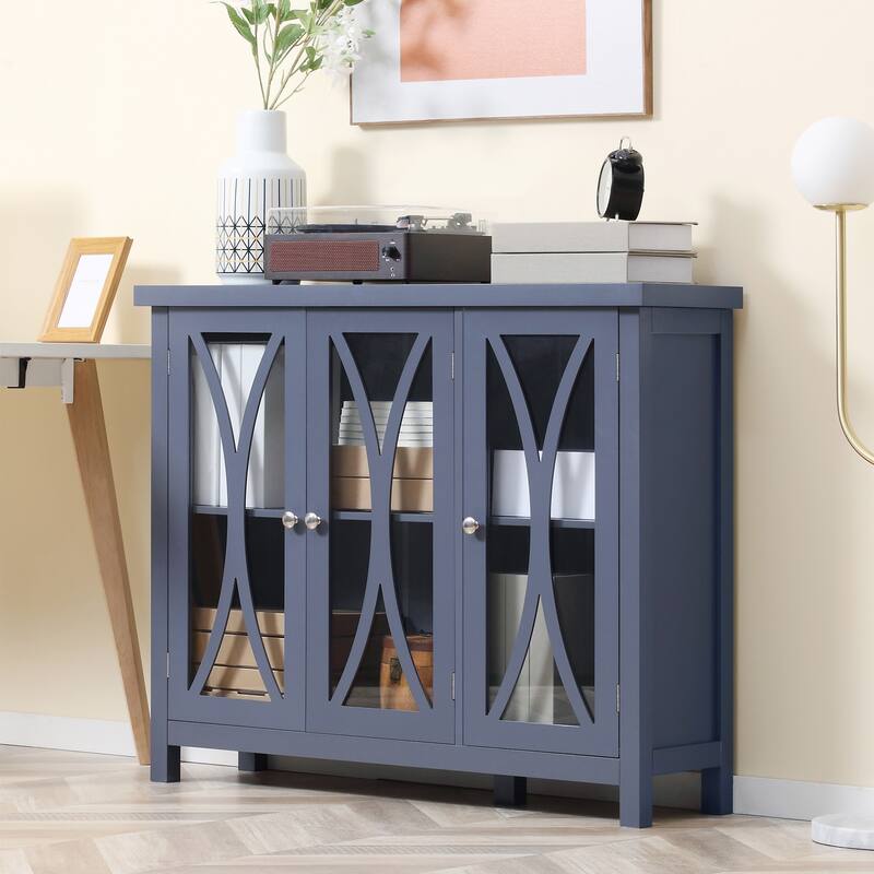 Sideboard, Buffet Cabinet with 3 Tempered Glass Doors, Arc Pattern and Adjustable Storage Shelf, Credenza