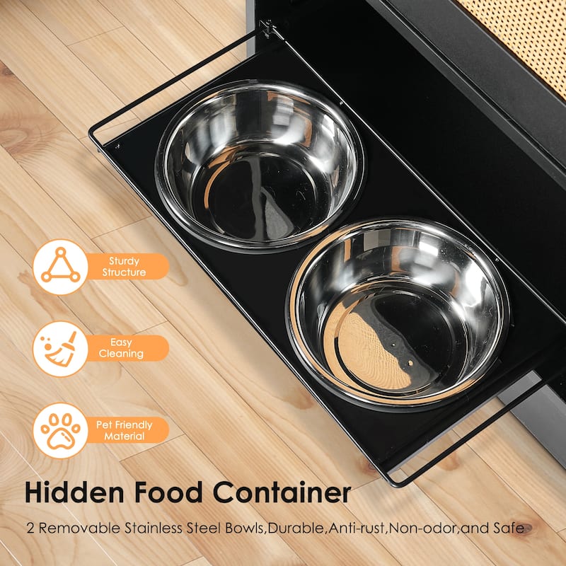 Pet Feeding Station with 2 Dog Bowls,Side Hooks,Anti-tip Kit,for Feeding & Watering, Black