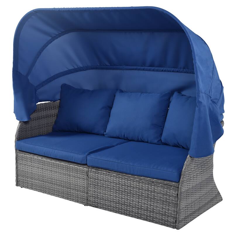 6-Pieces Outdoor Patio Rattan Round Daybed Sunbed Set with Retractable Canopy and Lift Table