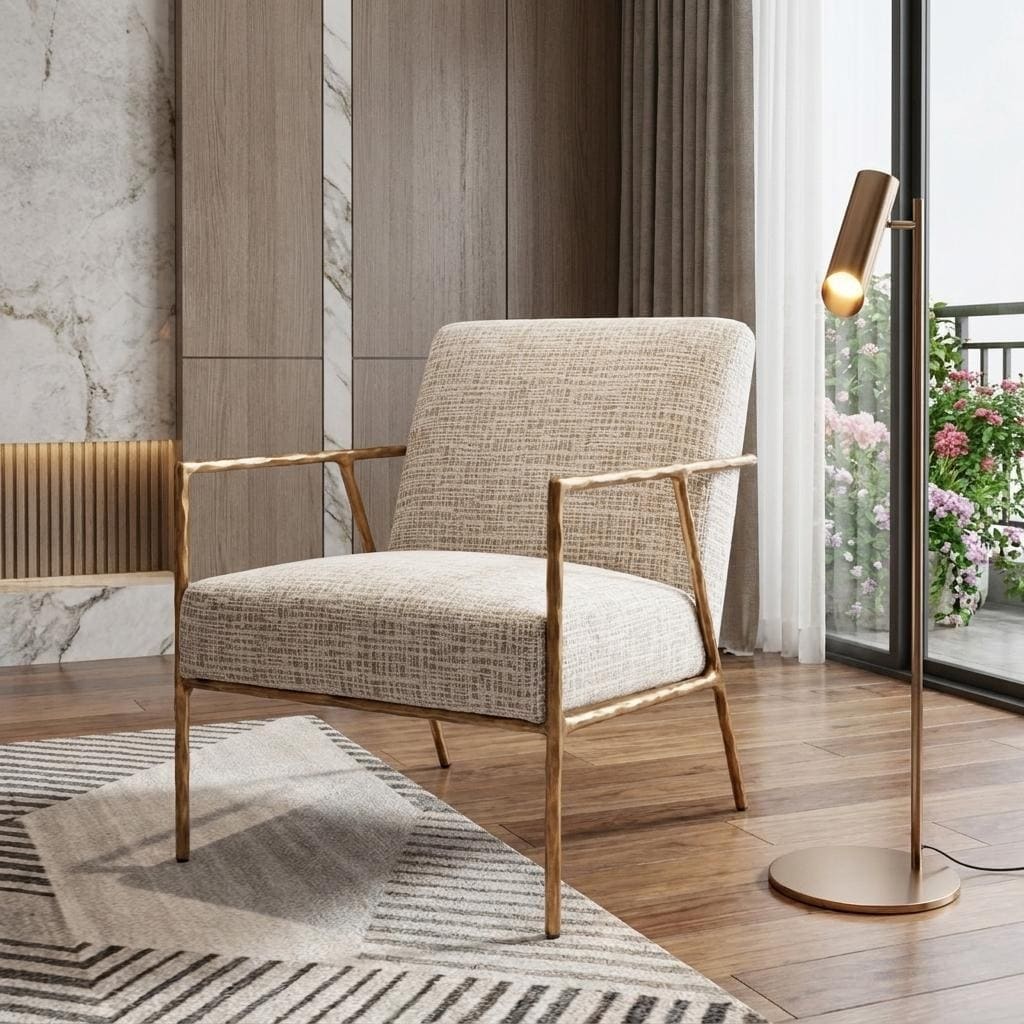 HomeRoots 25" Beige And Gold Upholstered Arm Chair - 25.00 in. x 31.10 in. x 32.00 in.