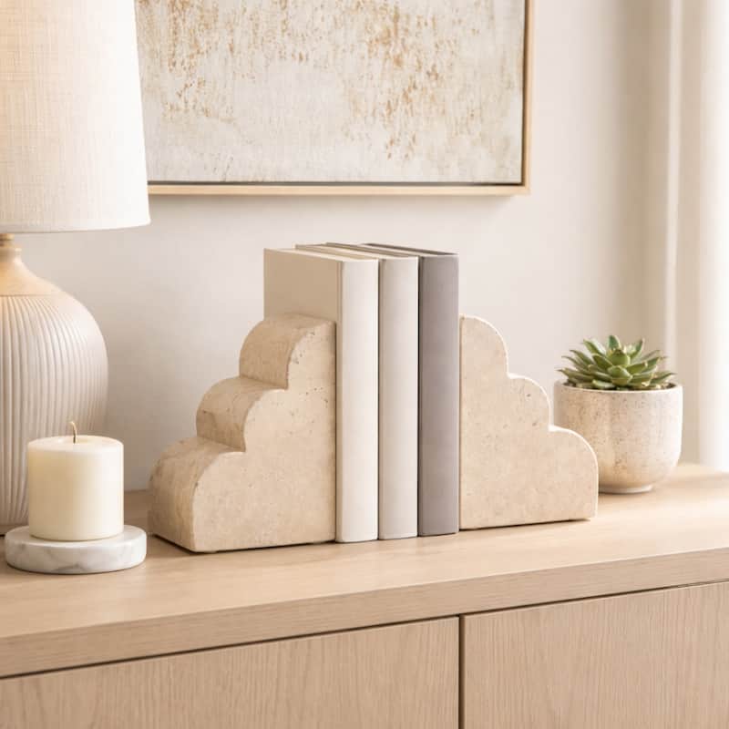 Travertine Modern Cloud Shape Bookends Set - Tan, 5" - 5.25"