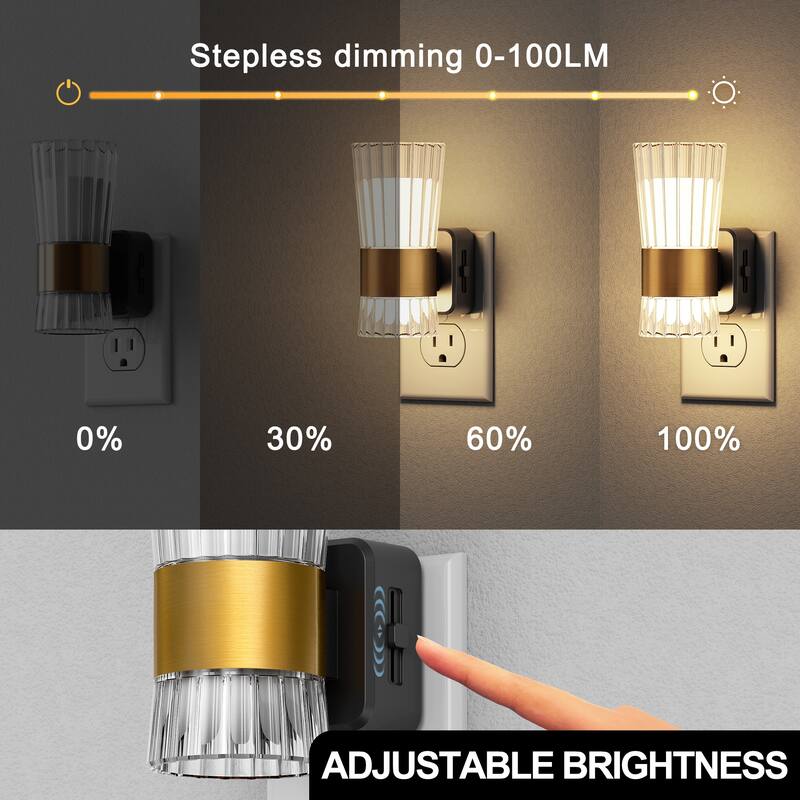 YANSUN Set of 2 Plug-in Wall Lights, Dimmable 3000K Warm, Clear Textured Trumpet Shade, Black & Brass
