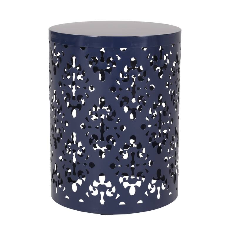 Kemo Outdoor End Table, Round 14 Inch, Cutout Design, Navy Blue