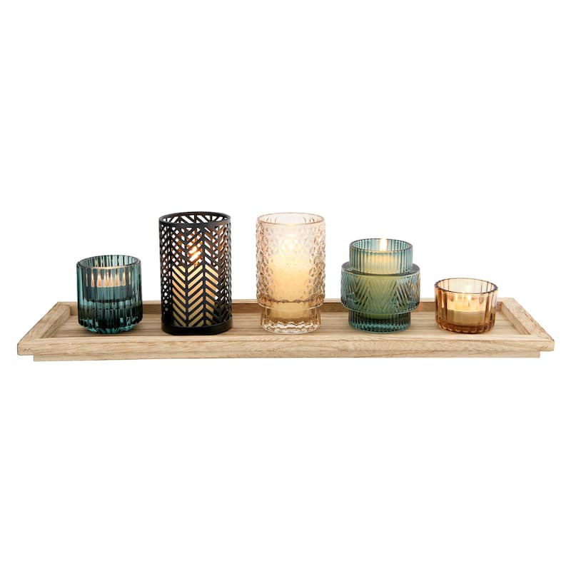 Embossed Glass and Metal Tealight Candle Holders in a Wood Tray