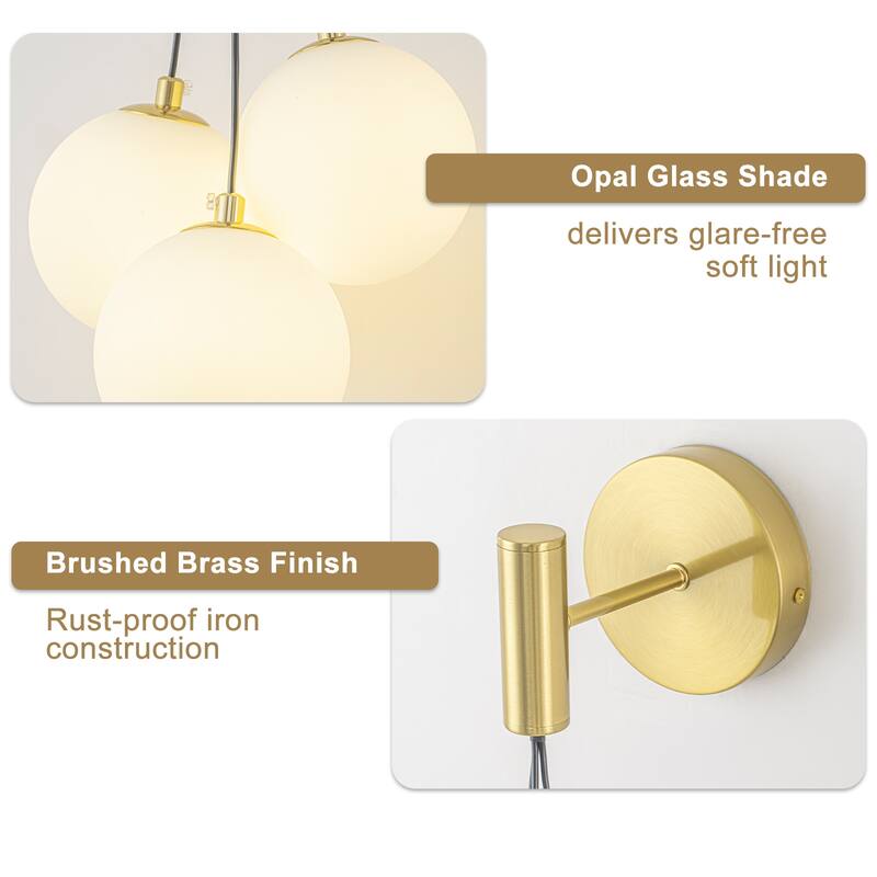 3-Light Modern Gold Metal Wall Sconce Glass Globe Shades