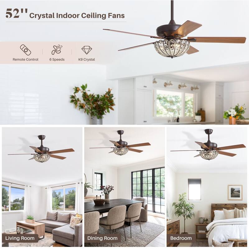 Sofucor 52" Ceiling Fan with Light Remote, Classical Crystal Chandelier fan, 5 Blades & Reverse Airflow, Black