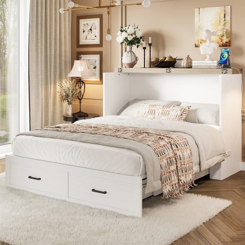 Queen Size Wood Murphy Bed with Charging Station and Drawer