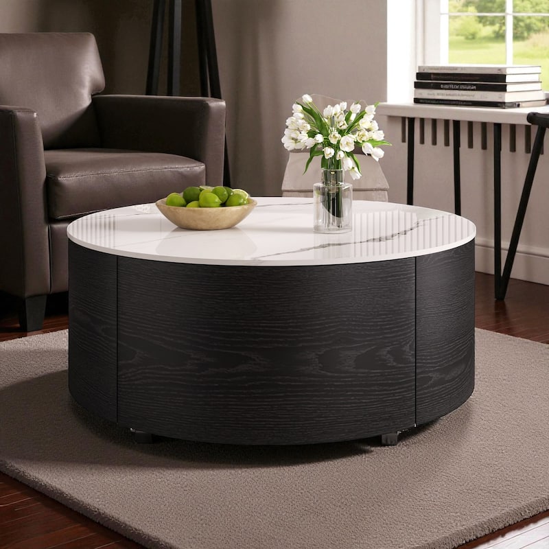 29.5'' Modern Round Movable Coffee Table with 2 Drawers, Sintered Stone Marble Top & Casters for Living Room