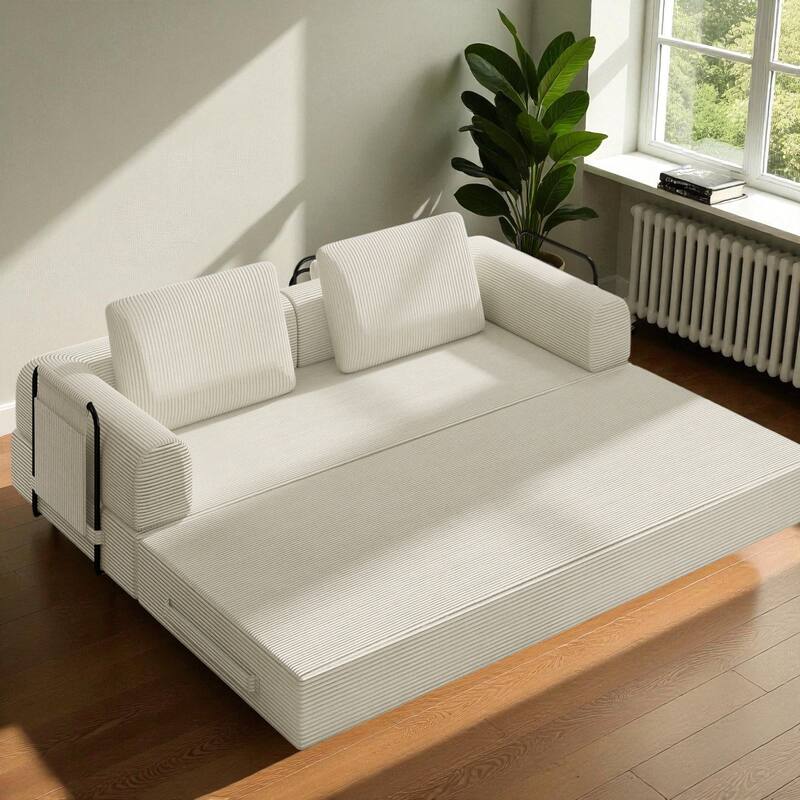 Convertible Corduroy Sleeper Sofa Bed, 3-Seat Folding Floor Couch with Cylindrical Pillow & Fixed-Shape Frame