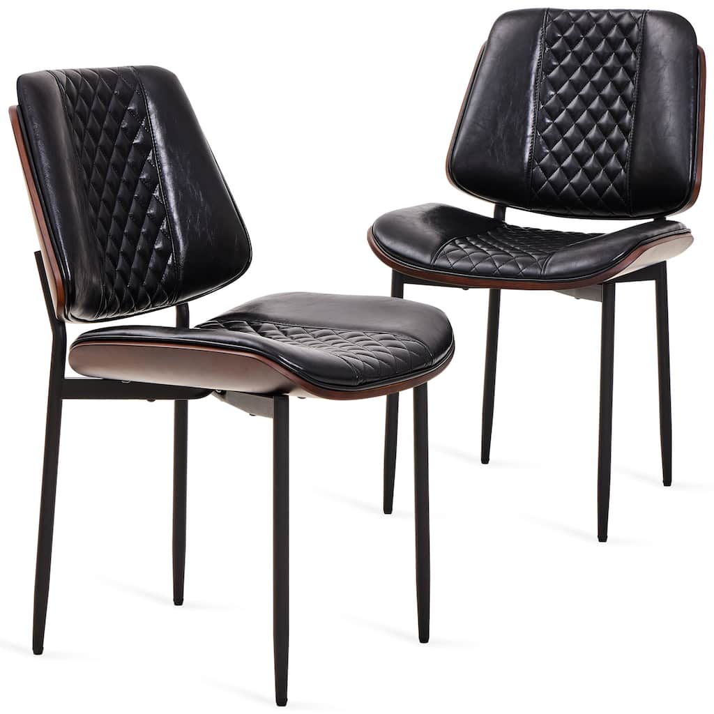 Mid-Century Dining Chairs Set of 2 - PU Leather Upholstered, Retro Bentwood Design with Adjustable Metal Legs