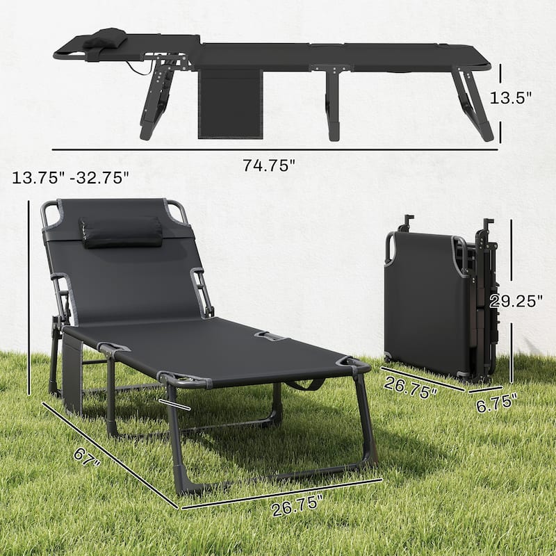 Outsunny Chaise Lounge Chair Outdoor Set of 2, 5-Position Reclining Pool Lounge Chairs with Cushions, Side Pocket