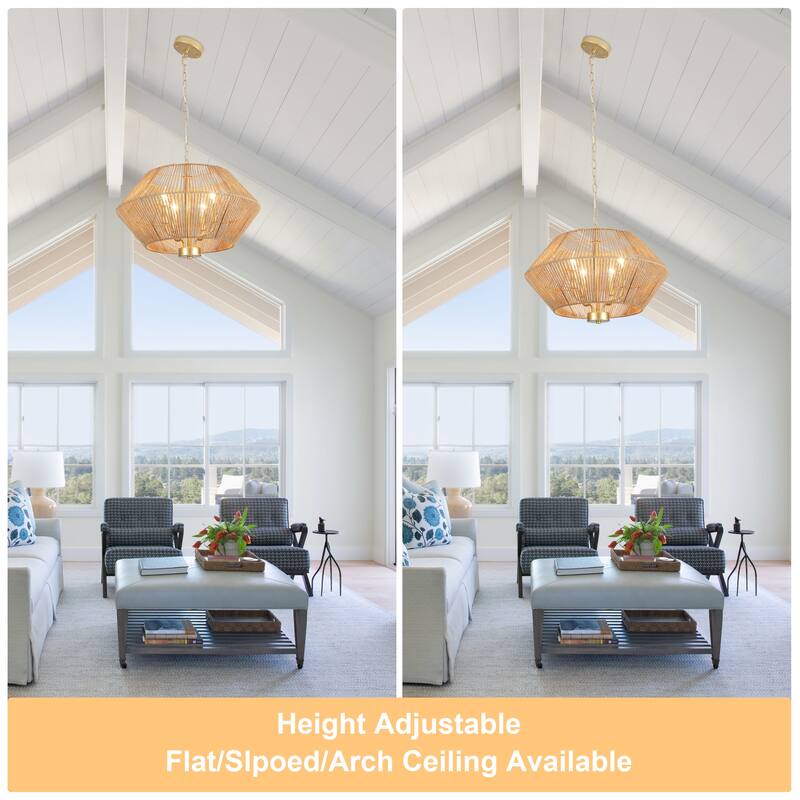 4-Light Dimmable Pendant Light, Paper Rattan Lampshade Candle Chandelier for Living Room with no bulbs included
