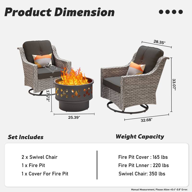 OVIOS 3 Pieces Outdoor Wicker Curved Swivel Chair Set With Fire Table