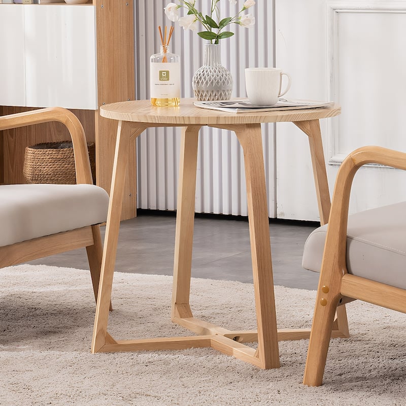 24" Round End Table, Mid Century Modern Solid Wood Sofa Side Table with V-Shaped Legs, Small Coffee Table for Small Space