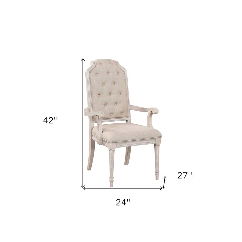 HomeRoots Set of Two Tufted Antiqued White and Champagne Upholstered Fabric And Solid Wood Dining Arm Chairs