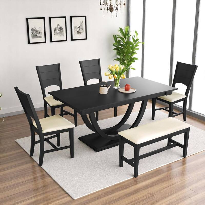 6-Piece Modern Dining Table Set with Bench and 4 Upholstered Chairs, Solid Wood Half-Round Base Kitchen Dining Room Furniture - Gray