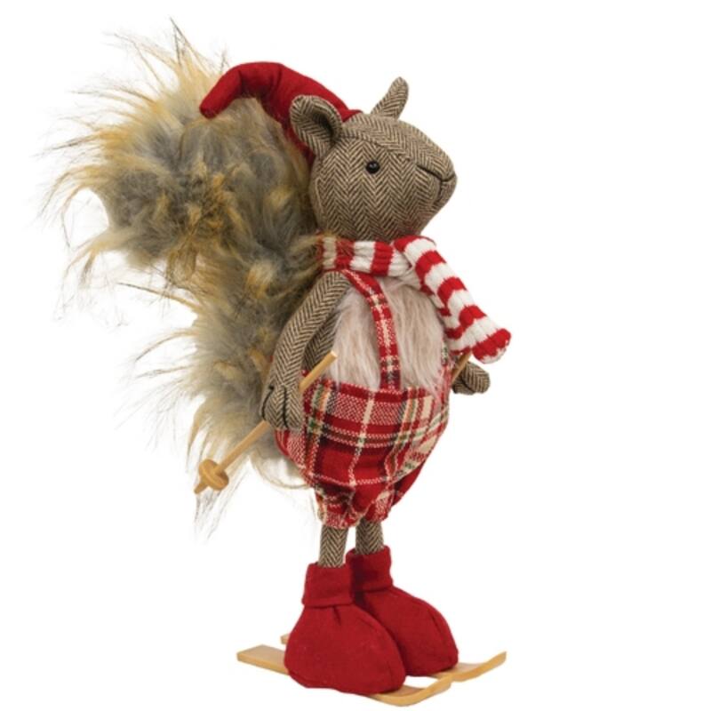 Skiing Squirrel Plush Winter Decor Freestanding Figurine with Skis and Plaid Outfit - 15.75” high by 7” wide - Red