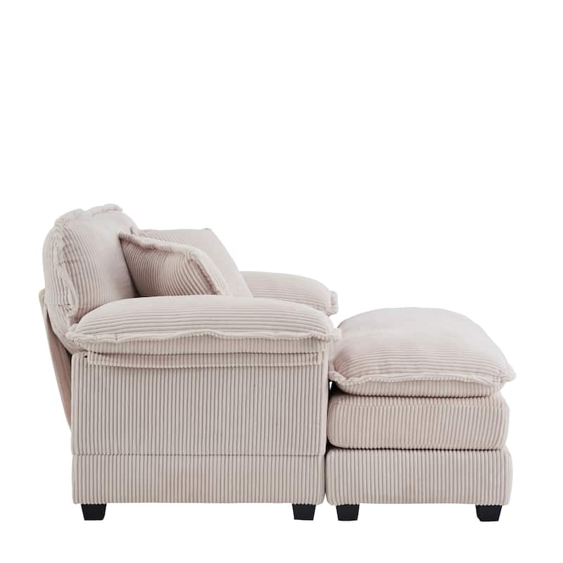 56.3 Inch Corduroy Single Deep Seat Sofa Chair With 2 Toss Pillows and a Ottoman