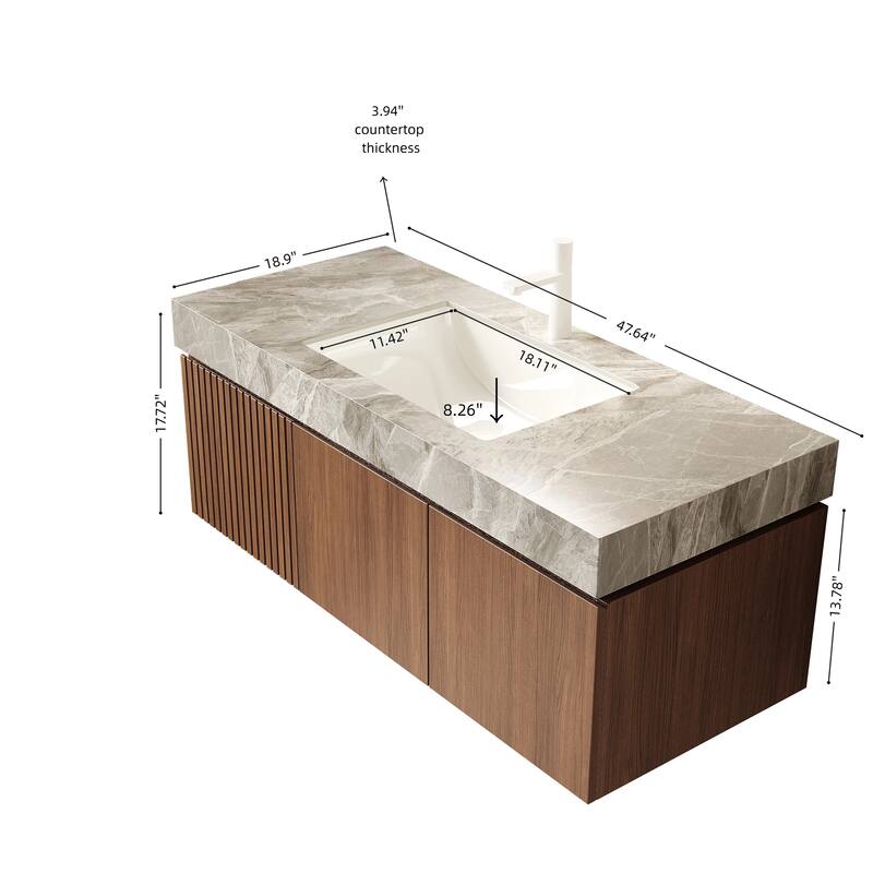 30"/36"/48" Wall-Mounted Bathroom Vanity with Ceramic Sink, Sintered Stone Countertop Floating Bathroom Storage Cabinet