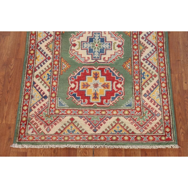 Green Geometric Kazak Accent Rug Hand-Knotted Wool Carpet - 2'9" x 3'11"