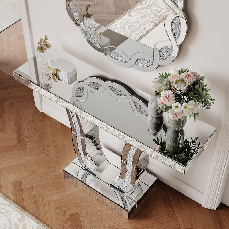 GDFStudio - Modern Glam Mirrored Console Table with Curved Legs