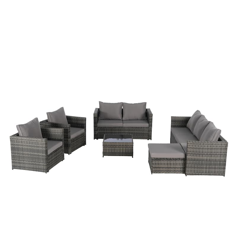 6-Piece Outdoor Patio Rattan Conversation Sectional Sofa Set with Tempered Glass Coffee Table and 2 Armchair
