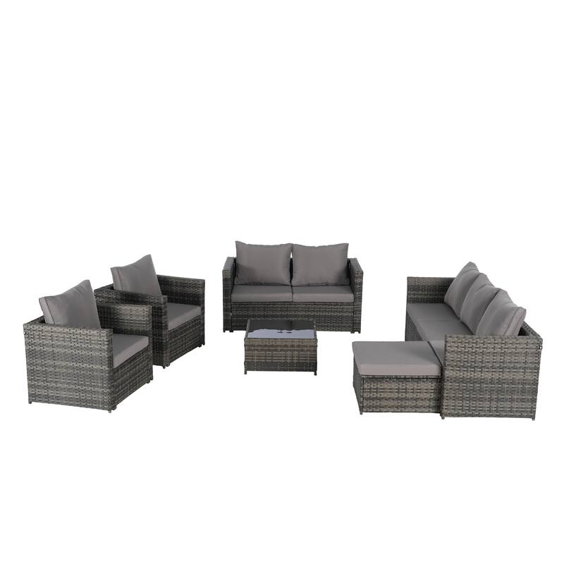Large Modular Sectional Couch Wicker Rattan Conversation Set All Weather Recliner Couches with Glass Table and Pillows, 6 Piece