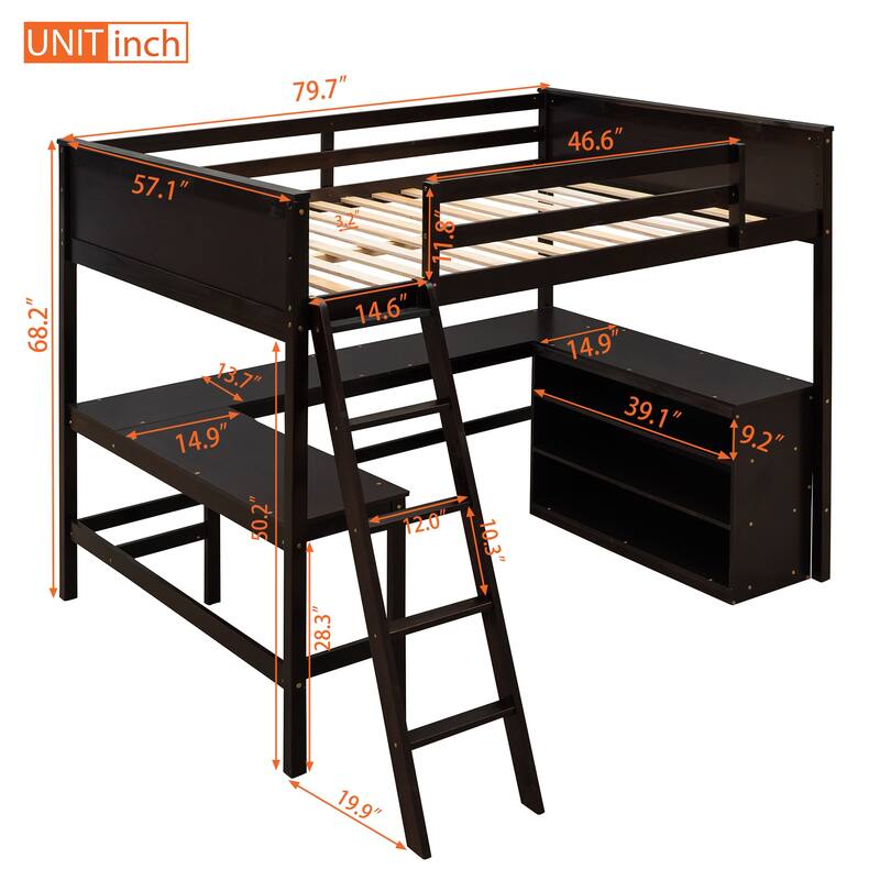 Full Pine Loft Bed with Desk, Shelves, and Guardrails