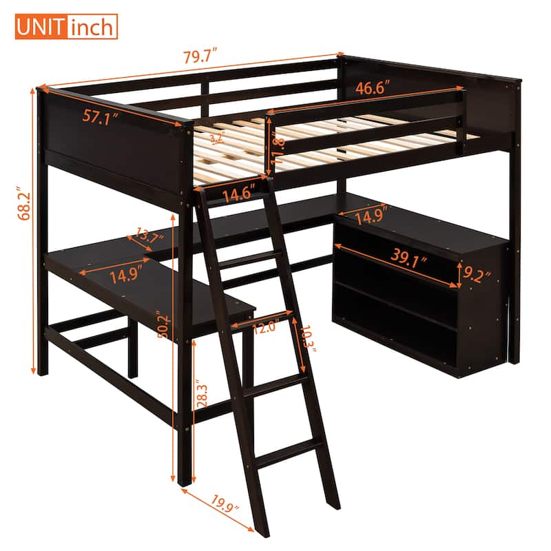 Full Size Loft Bed with Desk and Bookshelves, Wooden Frame, Perfect for Kids, Teens, or Guest Rooms, Space-Saving