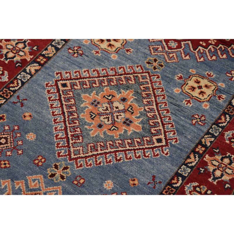 Caucasian Super Kazak Kiara Light Blue/Red Hand Knotted Wool Runner - 2'11'' x 9'8''