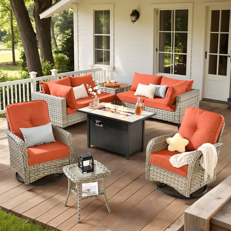 XIZZI 9-piece Patio Furniture Outdoor Wicker Chair Set with Fire Table - Red