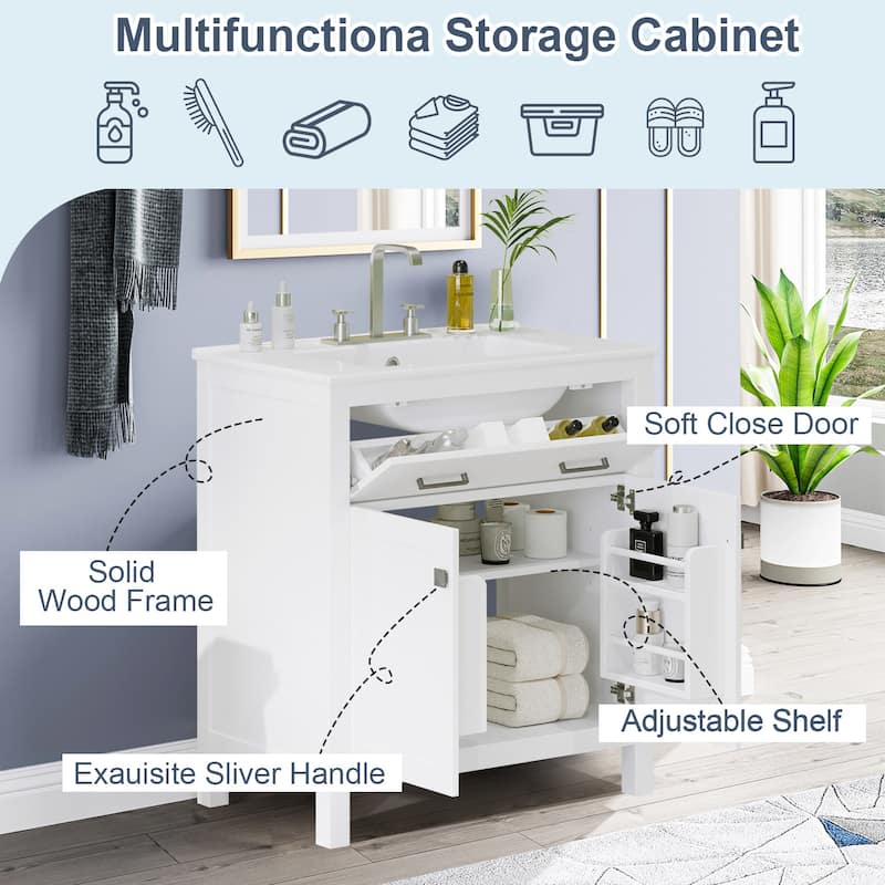 30-inch Bathroom Vanity with Ceramic Sink,2 Doors and a Shelf