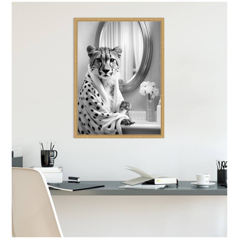 Kate and Laurel Sylvie Cheetah Glam Bathroom Towel Robe Black and White Framed Canvas by The Creative Bunch Studio