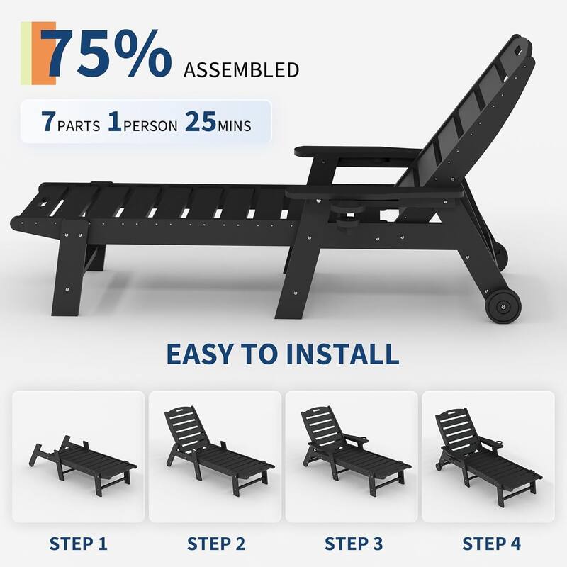 HDPE 5-Position Patio Lounge Chair for Outside with Rolling Wheels