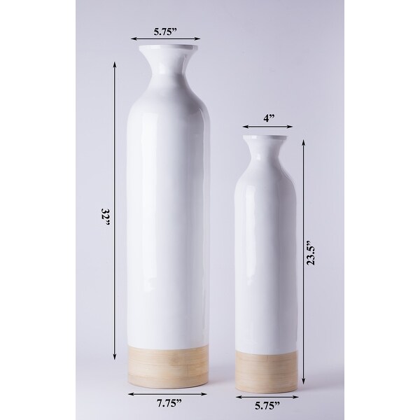 Cylinder Shaped Tall Spun Bamboo Floor Vase Glossy White Lacquer Natural Bamboo