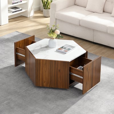 Hexagonal Rustic Retro Wood Coffee Table, with 2 Hidden Drawers, Textured White Marble Tops,Walunt Oak Finish - Perfect