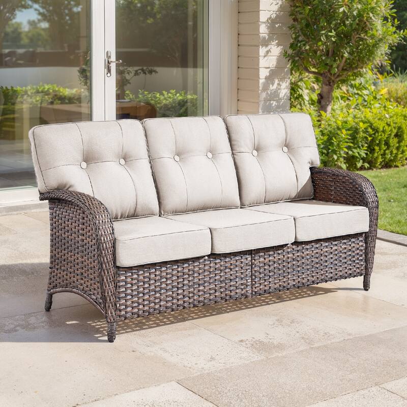 TWrap Brown Wicker Patio 3-Seat Sofa with 5-Inch Thick Cushions - Brown/Beige - Brown