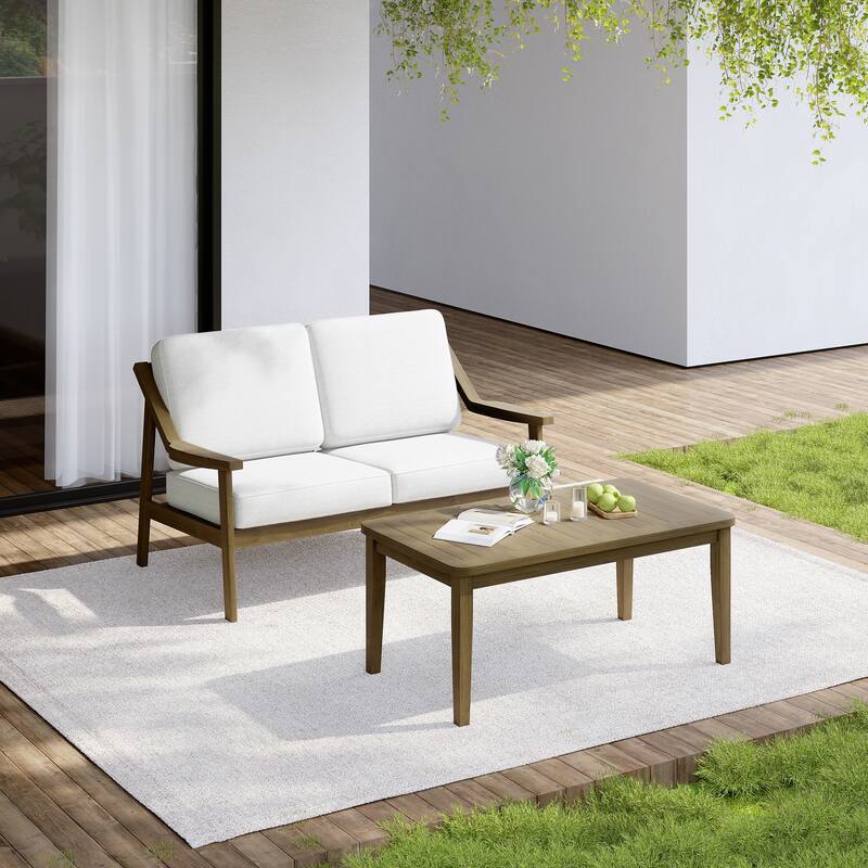 Outdoor Wood Teak Cushioned Patio 2 Seater Loveseat with Coffee Table