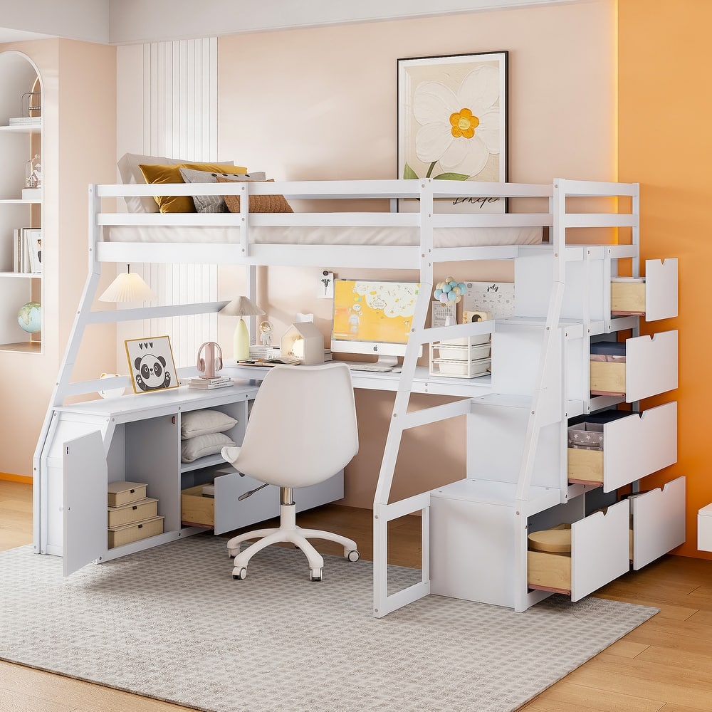 Full Size Loft Bed with 7 Drawers, 2 Shelves & Desk