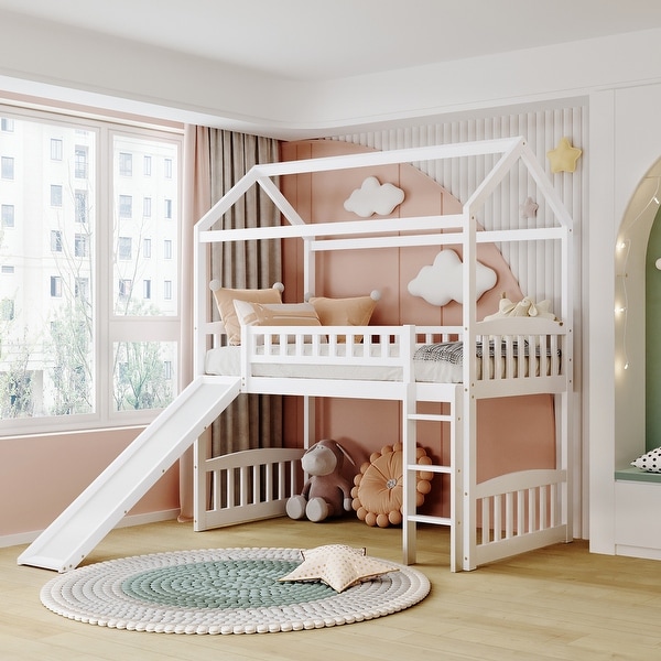Twin Wood Loft Bed House Bed with Slide Ladder Guardrail Roof