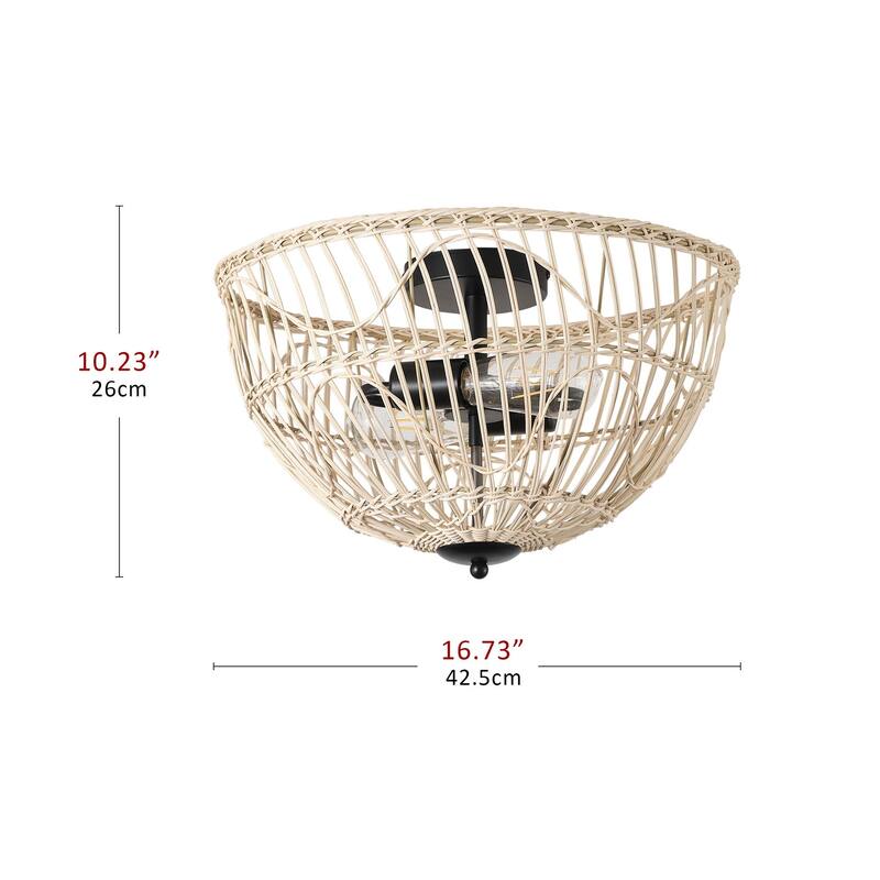 Farmhouse 2-Light Semi Flush Mount Close to Ceiling Light with Rattan Woven Shade